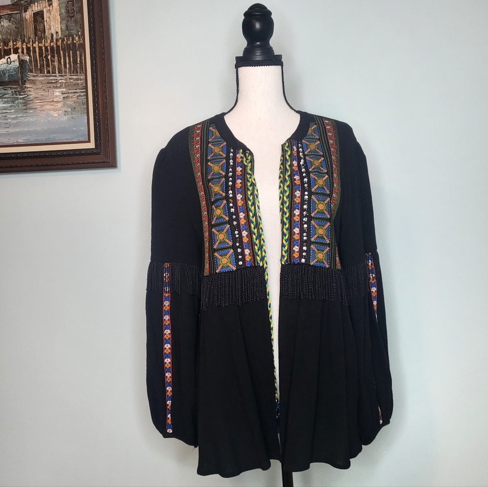 Dor Dor Couture Black Medium Boho Top Embroidered Tassel Fringe